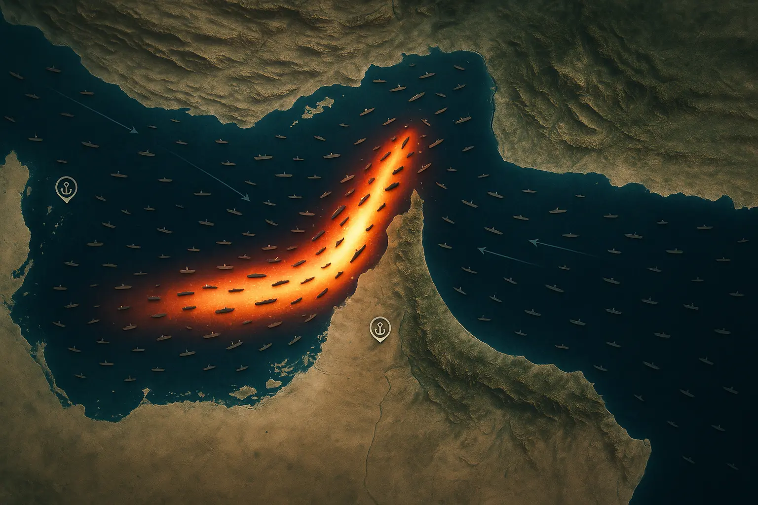 Aerial map of the Strait of Hormuz with a shipping-density heatmap and vessel icons showing traffic funneled through the narrow passage